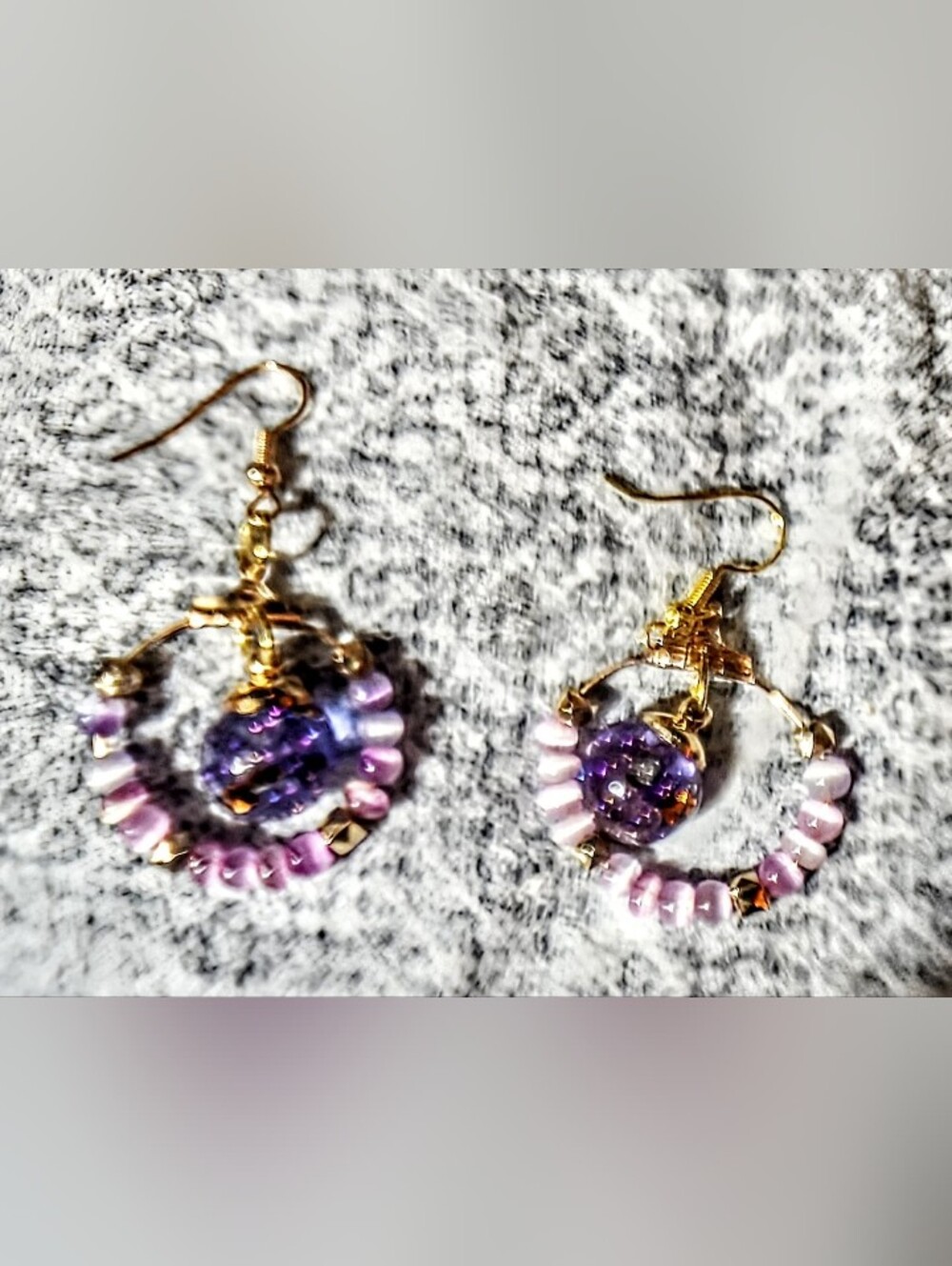 Gold Hoop Earrings with Purple Glass Orb and Pink Bead Accents